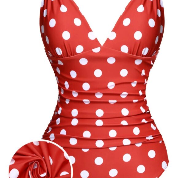 1940's Red Polka Dot Ruched Swim Suit - Picture 1 of 2